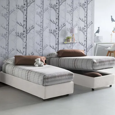 Produktbild von Einzelbett Valentina, Containerbett mit Stoffbespannung, 100%  Italy, Frontöffnung, inklusive Matratze Cm 90x200, Weiß