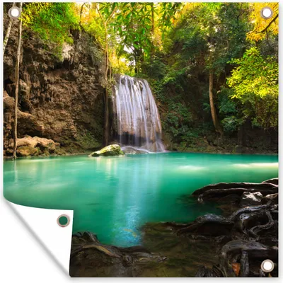 Produktbild von MuchoWow® 50x50 cm Outdoor-Poster Gartendeko Sichtschutz Garten Poster für den Garten  Sonnenlicht an einem Wasserfall im Erawan-Nationalpark, Thailand