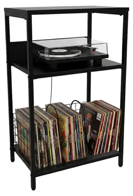 Immagine prodotto di Tavolino per giradischi Relaxdays, 3 ripiani, divisori, dimensioni: 65x40x30 cm, ferro, MDF, scaffale per giradischi, nero