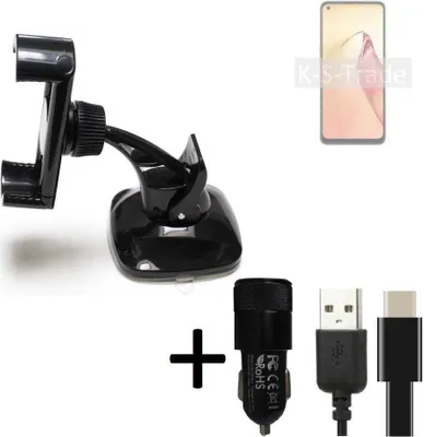 Produktbild von K-S-Trade Handy-Halterung kompatibel mit Oppo Reno8 Windschutzscheibe / Armaturenbrett + LADEGERÄT mit Mico USB Kabel Autohalterung