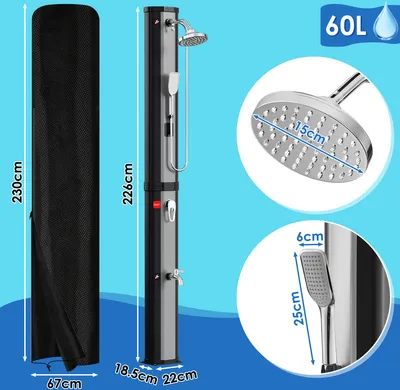 Obrázok produktu pre TolleTour Solárna sprcha Bazénová sprcha Záhradná sprcha 60 l strieborná s ochranným krytom a ručnou sprchou Kempingová sprcha do 60 °C Dažďová sprcha Vonkajšia sprcha Kempingový bazén