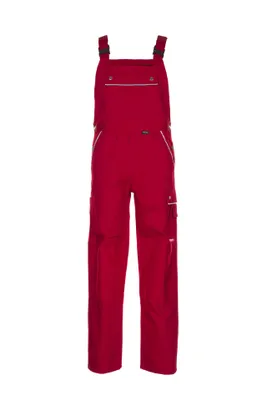 A red pair of bib overalls is shown against a white background.