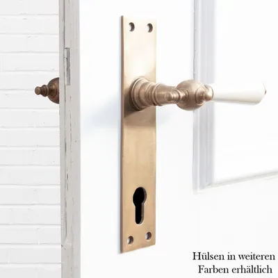 Produktbild von Drückergarnitur für Haustüren-Langschild-Porzellangriff |PZ92|Messing patiniert