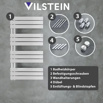 Produktbild von VILSTEIN Badheizkörper elektrisch, Handtuchheizkörper seitlich offen, Handtuchtrockner Bad, Wandheizkörper, Handtuchheizung Badezimmer, Heizkörper Handtuchhalter, Weiß, 120x60 cm