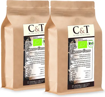 Produktbild von C&TEspresso Crema | Cafe 2 x 1000 g ganze Bohnen Gastro-Sparpack im Kraftpapierbeutel Kaffee für Siebträger, Vollautomaten, Espressokocher