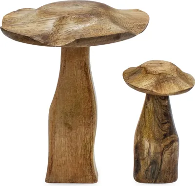 Two wooden mushroom decorations of different sizes are displayed against a white background.