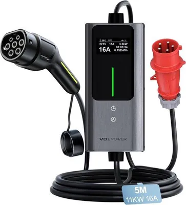 Productafbeelding van Type 2 Oplaadkabel CEE 11 kW/5 m voor Elektrische Auto, 6A-16A Draagbare EV Lader, IP65 Waterdicht, Geschikt voor Wandlaadstations