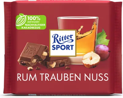 Obrázek produktu pro Ritter Sport Rumový hroznový oříšek s oříšky Rum Sultana a lískovými oříšky 100g