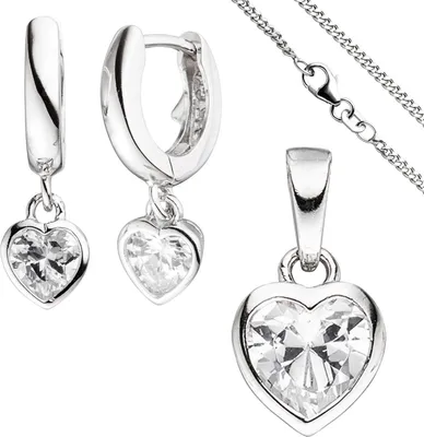 Produktbild von Kinder Schmuck-Set Herz aus 925 Silber mit Zirkonia Anhänger Ohrringe Kette 42cm