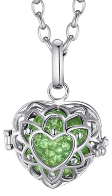 Image de Collier pour femme Morella® en acier inoxydable, 70 cm, avec pendentif en forme de cœur et boule sonore en zircone verte de 16 mm de diamètre, dans une pochette à bijoux