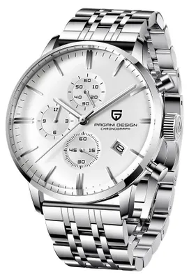 Produktbild von Herrenuhr Pagani Design Larith, Quarz, Edelstahl, Chronograph, Silberweiß / Weiß