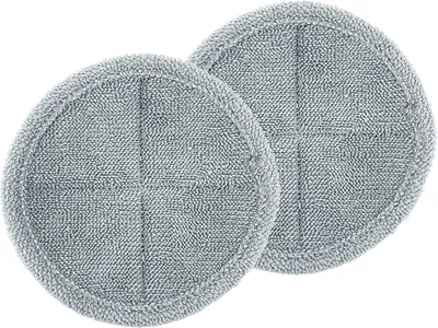 Two round, gray microfiber mop pads are shown against a white background.