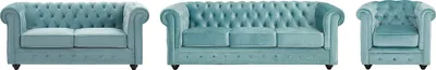 Produktbild von 3-Sitzer und 2-Sitzer Sofas und Sessel aus pastellblauem Velours CHESTERFIELD