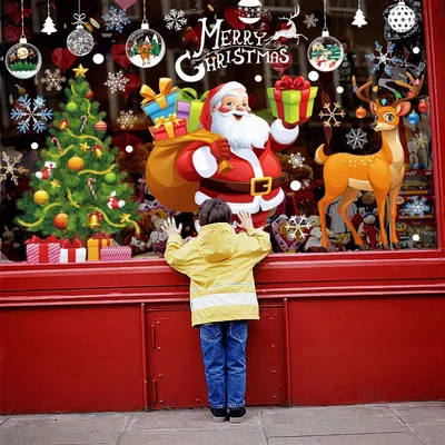 Produktbild von Fensterbilder Weihnachten 140 Stück Groß Wiederverwendbar Weihnachtsmann Schneeflocken Schneemann Rentier DIY Deko für Büro Geschäft Zuhause