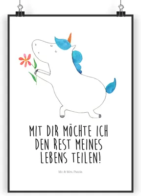 Produktbild von Mr. & Mrs. Panda Bild Einhorn Blume DIN A5 - Weiß - Geschenk, Wandbild, Plakat, Kunstdruck, Freundin, Heiraten, poster, Ehe, Unicorn, Liebe, wanddeko, Einhörner