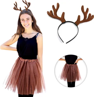 Produktbild von Oblique Unique Rentier Elch Kostüm Accessoire Set - Rentier Elch Geweih Haarreif + Tutu / Tütü für Fasching Karneval