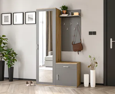 Image de AX LIVING Garde-robe avec miroir Magnola - 100 cm de large, Artisan & Gris
