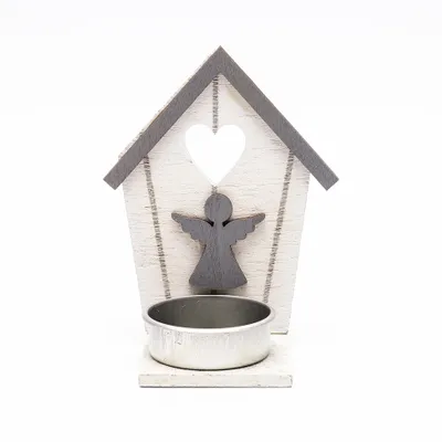 Produktbild von Kerzenständer aus Holz, Häuschen mit Engel, 10,5 x 5 cm