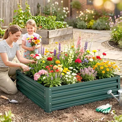 Produktbild von Sweiko Gartenbeet, Pflanzkasten mit Stahlgehäuse, Grün, 120 x 120 x 30 cm