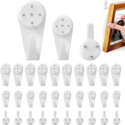 Produktbild von 60 Stück weiße Spurlose Bilderhaken zum Nageln, Bilderhaken ohne Bohren, für Hart- und Trockenbauwände, inkl. Nägel für Betonwände, Folie, Klebenagel für Bilder, perfekt als
