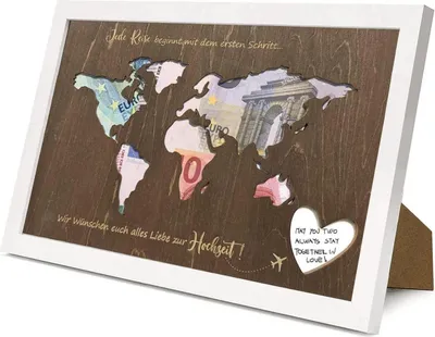 Produktbild von Geldgeschenk Hochzeit personalisierte Weltkarte 31x21,5x2cm