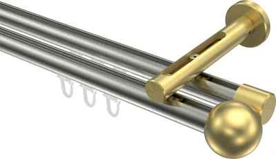 Produktbild von Interdeco Innenlaufstange / Gardinenstange mit Innenlauf Edelstahl-Optik / Messing-Optik, Typ Siteno Luino (Kugel), 20 mm Ø 2-läufig, 220 cm