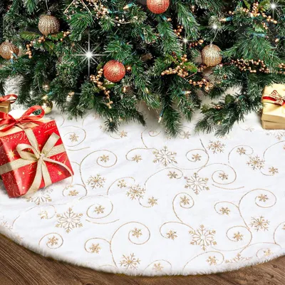 Produktbild von Runde Weihnachtsbaum-Matte aus Plüsch mit goldenen Schneeflocken Weiß 122 cm