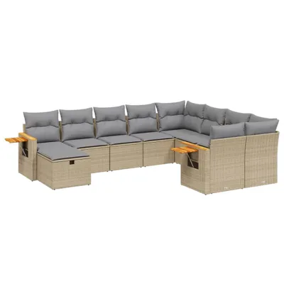 Produktbild von vidaXL 10-tlg. Garten-Sofagarnitur mit Kissen Beige Poly Rattan