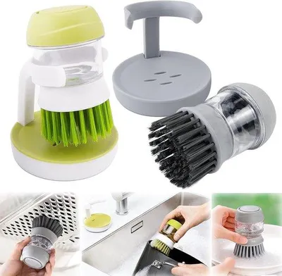 Immagine prodotto di Spazzola per piatti in plastica blu con dispenser di sapone, efficiente