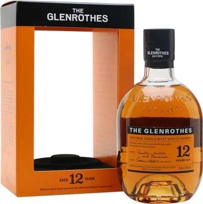 A bottle of Glenrothes 12 Year Old Speyside Single Malt Scotch Whisky is presented next to its orange gift box.