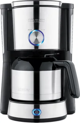 A close-up, front-facing studio shot of a black and silver Severin filter coffee maker with a thermal carafe.