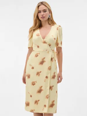 Produktbild von Orsay Gelbes Wickelkleid in Midi-Länge für Damen mit V-Ausschnitt und abstraktem Muster 42