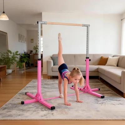 Produktbild von Sweiko Gymnastikstange für Kinder, höhenverstellbar Turnreck Reckstange, Reck Turnstange für Indoor & Outdoor aus Holz & stabile Stahlkonstruktion bis 75 kg belastbar, für 3+ Kinder, Rosa