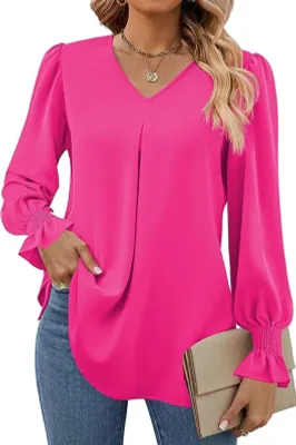 Image de ASKSA Chemisier Femme Col V Mousseline Manches Plissées Lanternes Manches Longues Elégant Unicolore Casual Détendu Hauts (Rose Rouge,L)