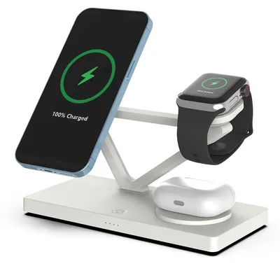 Produktbild von 5 in 1 Magnetisches kabelloses Ladegerät für iPhone, Samsung,Apple Watch und Kopfhörer, mit verstellbarem Nachtlicht, 15W Schnellladung,Weiß