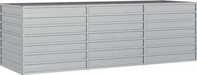 A long, rectangular, silver garden raised bed with three sections, shown from a front-side angle against a white background.