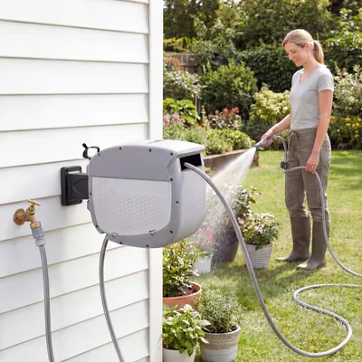 Produktbild von Schlauchtrommel mit Gartenschlauch 30 m, 180° schwenkbar Schlauchbox mit automatische Aufrollung Selbstverriegelung
