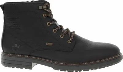 A black leather boot with brown laces and stitching, shown from the side against a white background.