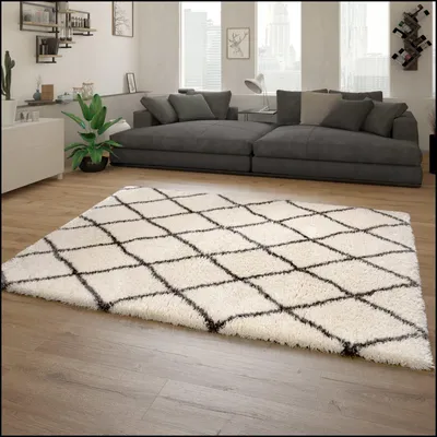 Produktbild von Hochflor Teppich Shaggy Rautenmuster Schlafzimmer schmutzabweisend Creme Rechteckig 80x150 | 100% Polyester | Florhöhe: 50 mm | pflegeleicht