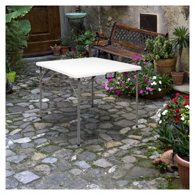 Produktbild von Klapptisch, wetterfester Gartentisch, klappbarer Balkontisch, tragbarer Mehrzwecktisch als Esstisch, Grilltisch, Campingtisch und Beistelltisch für den Außenbereich, Tragkraft bis zu 150 kg, 86 x 86 x 74 cm, Weiß