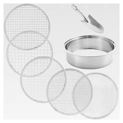 Produktbild von Bodensifter für Gartenarbeiten, Kompostsifter | Bodensieb aus Edelstahl mit 5 austauschbaren Netzbildschirmen | 1/3/6/9/12mm Sieb mit Schaufel, stapelbare Seitpfanne