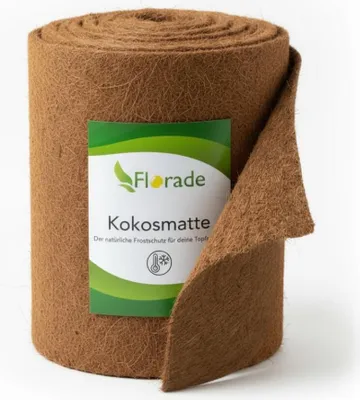 A rolled-up mat made of coconut fiber, with a label attached.