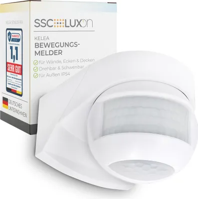 A white motion detector and its packaging are shown against a white background.