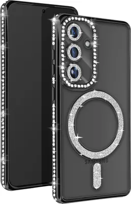 A black phone case with diamond accents and a MagSafe ring is shown against a black background.