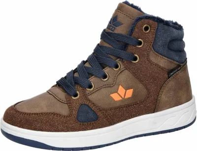 A single brown high-top sneaker with blue laces and orange accents.