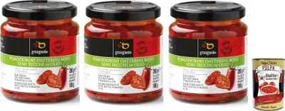 Produktbild von 3x Grangusto Pomodorini Datterini Rossi Semi Secchi in Olio,Halbgetrocknete Rote Dattel-Tomaten in Öl,Italienische Tomate,280g Glas + Italian Gourmet Polpa di Pomodoro 400g Dose