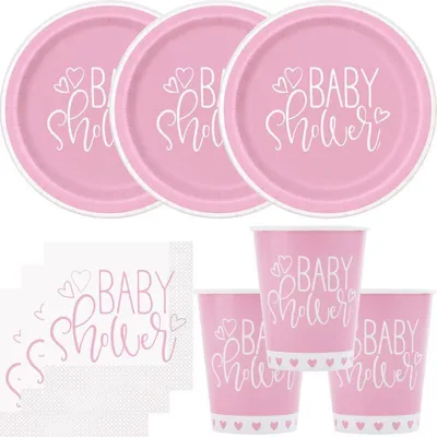 Produktbild von 48 Teile Baby Shower Herzchen in Rosa Party Deko Set für 16 Personen