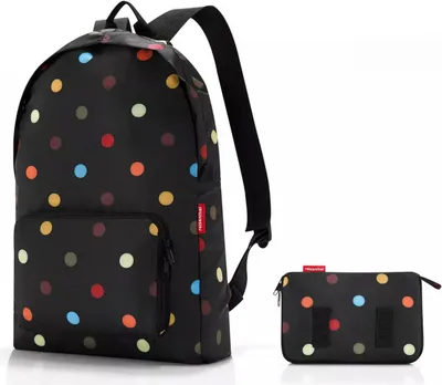 A black backpack with colorful polka dots and a matching pouch are displayed against a white background.