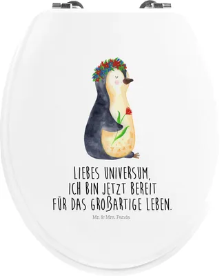 Produktbild von Mr. & Mrs. Panda Klodeckel Pinguin Blumen - Weiß - Geschenk, Blumenkranz, Motivation, Toilettendeckel, Toilettenbrille, holz wc sitz, Deckel, Geschenkidee, Positiv, klo