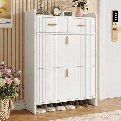 Produktbild von MODFU Schuhschrank 75×24×108,5cm,Flurschrank mit 2 Klappfächern,Schuhkommode mit Schublade und offenem Ablagefach,Kommode,Weiß